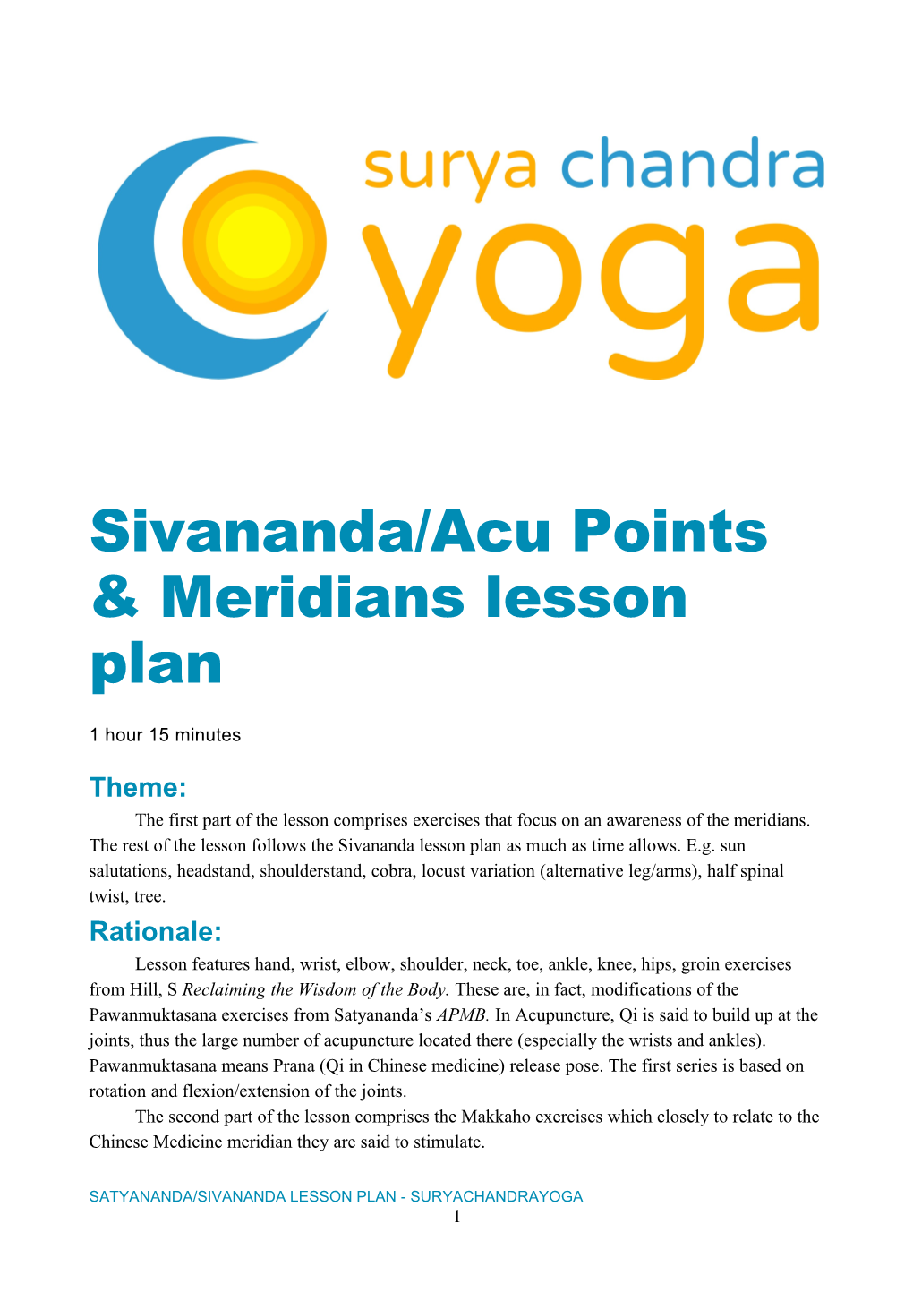 Sivananda/Acu Points & Meridians Lesson Plan