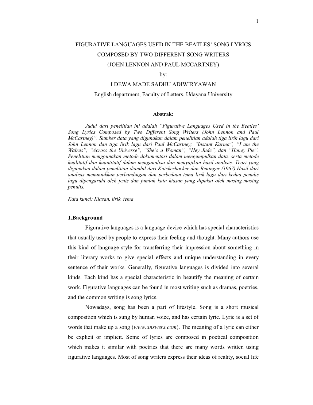 1 Figurative Languages Used in the Beatles' Song Lyrics Composed by Two Different Song Writers (John Lennon and Paul Mccartney