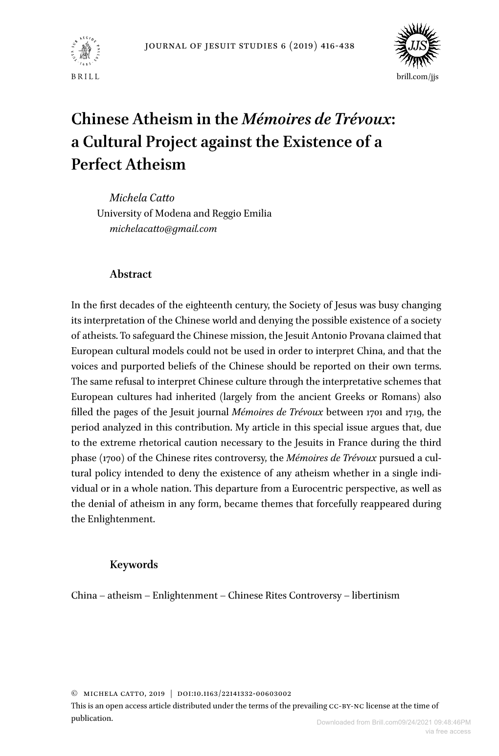 Chinese Atheism in the Mémoires De Trévoux: a Cultural Project Against the Existence of a Perfect Atheism