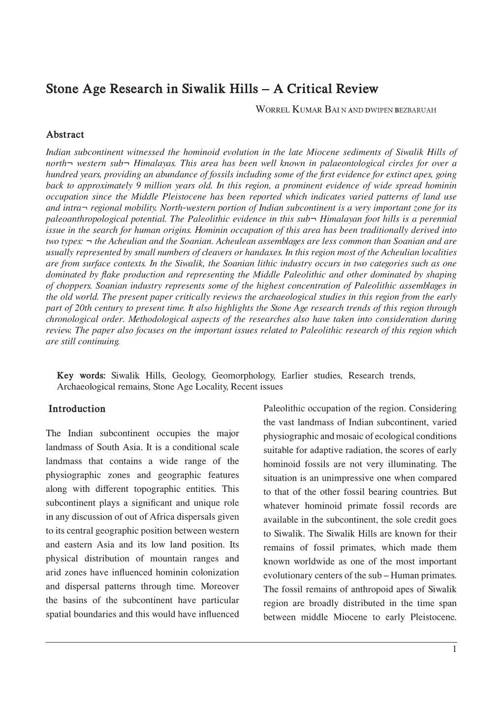 Stone Age Research in Siwalik Hills – a Critical Review