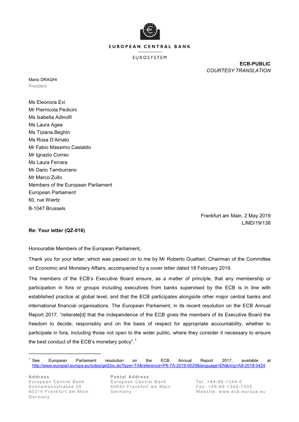 Letter from the ECB President to Ms Eleonora Evi, Mr Piernicola Pedicini
