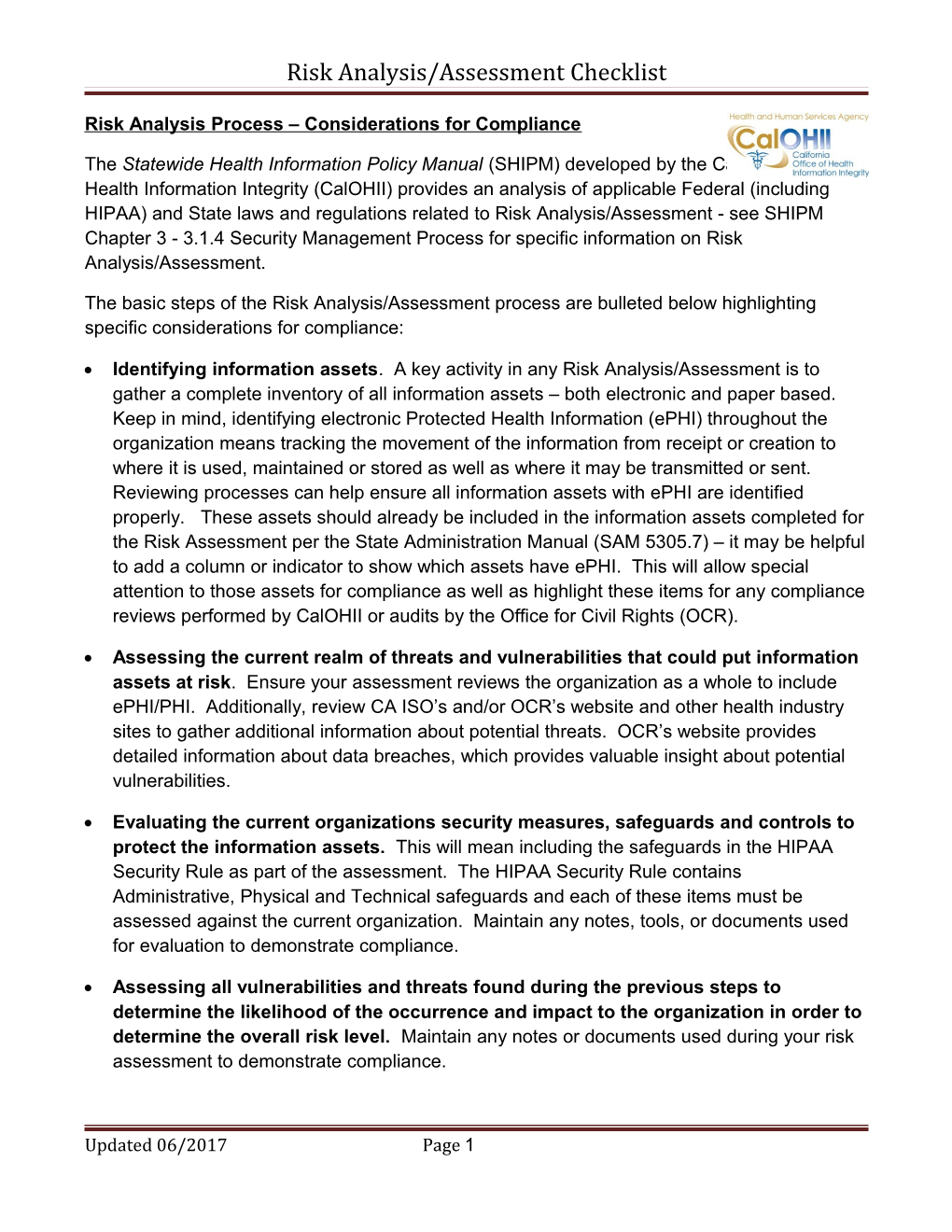 Risk Analysis/Assessment Checklist