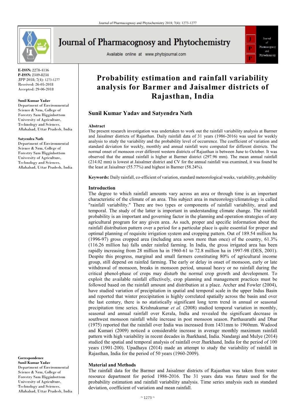 Probability Estimation and Rainfall Variability Analysis for Barmer And