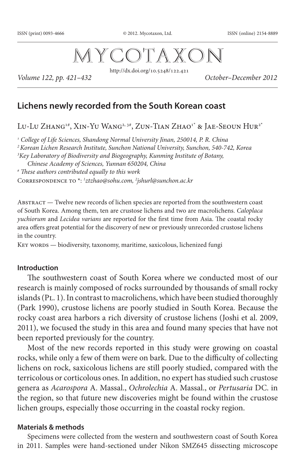 Lichens Newly Recorded from the South Korean Coast