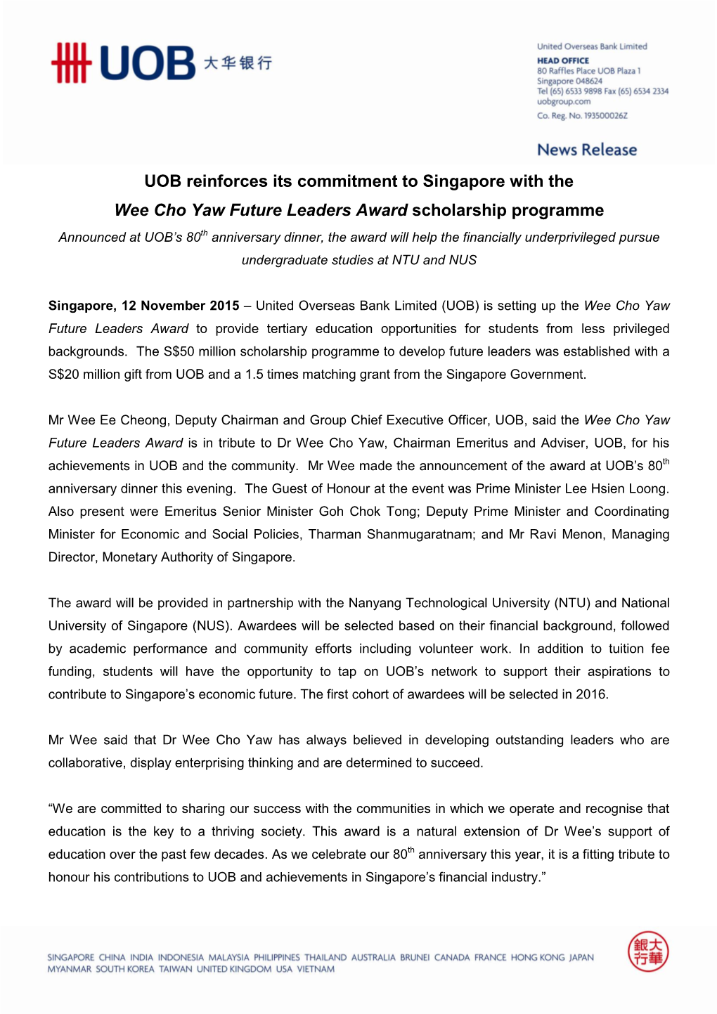 UOB Reinforces Its Commitment to Singapore with The