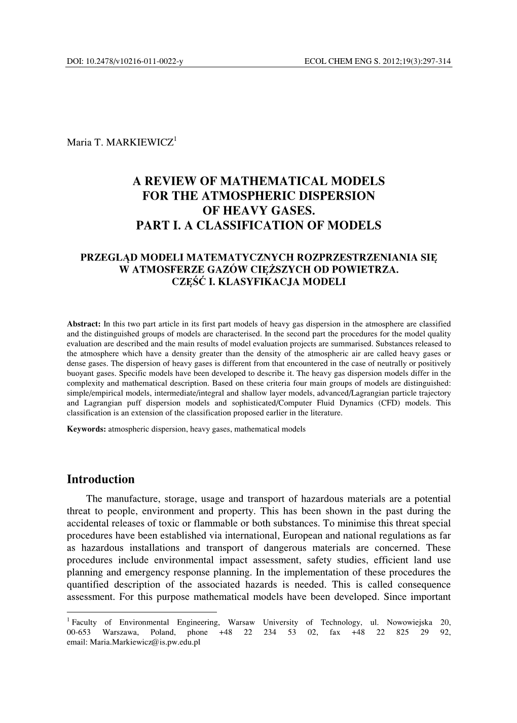 A Review of Mathematical Models for the Atmospheric Dispersion of Heavy Gases