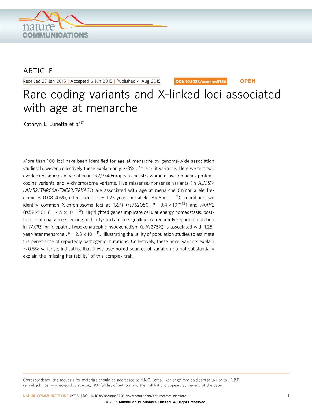 Rare Coding Variants and X-Linked Loci Associated with Age at Menarche