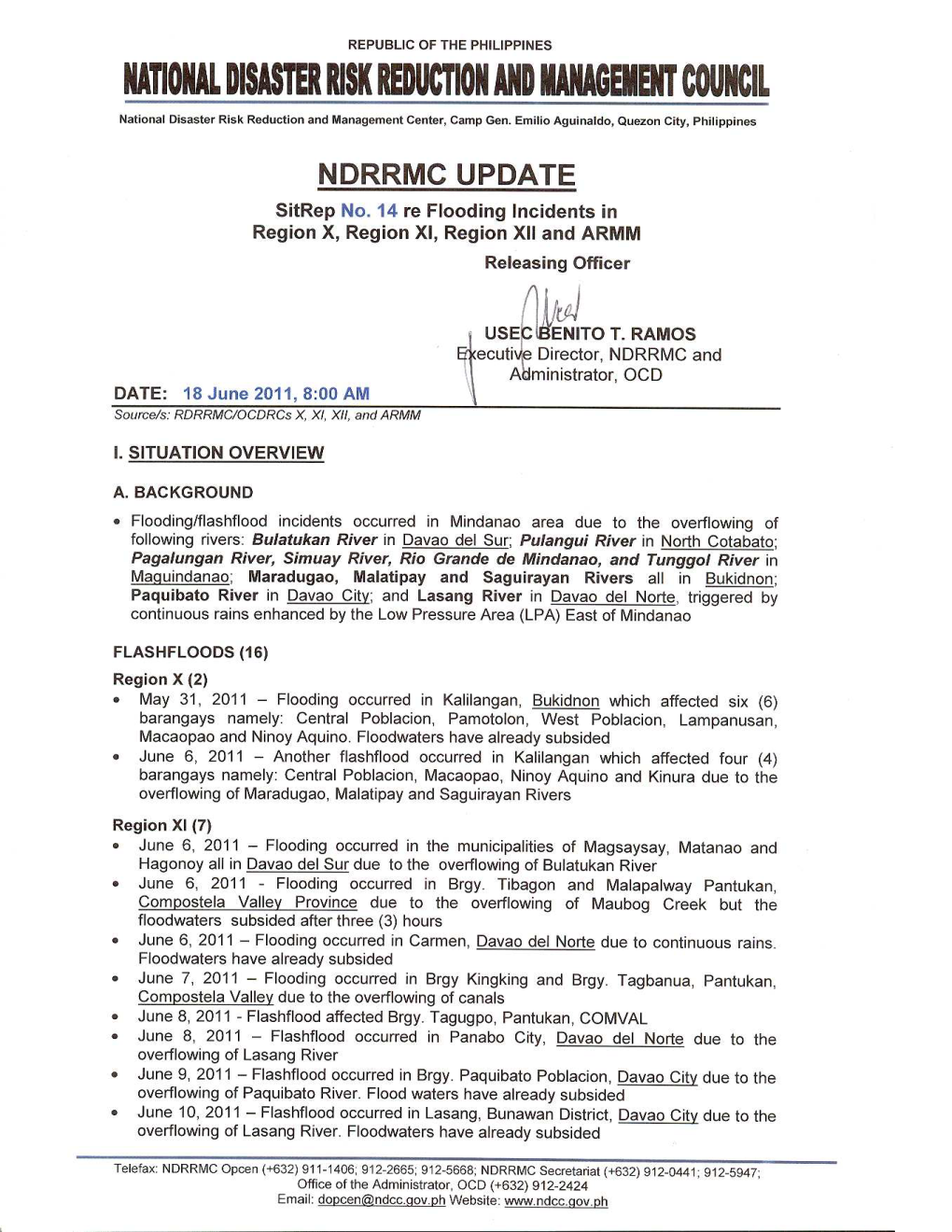 NDRRMC Update No. 14 Flashfloods in Reg X, XI,XII, & ARMM 18 June2011, 8AM.Mdi