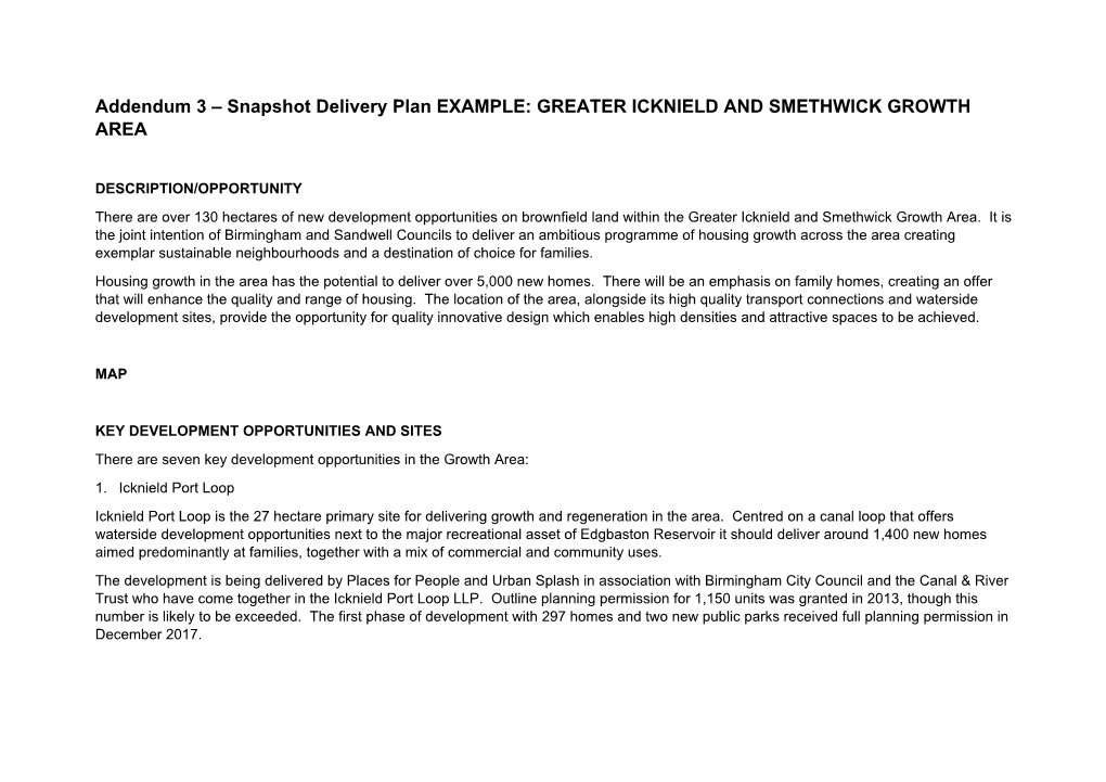 Addendum 3 – Snapshot Delivery Plan EXAMPLE: GREATER ICKNIELD and SMETHWICK GROWTH AREA