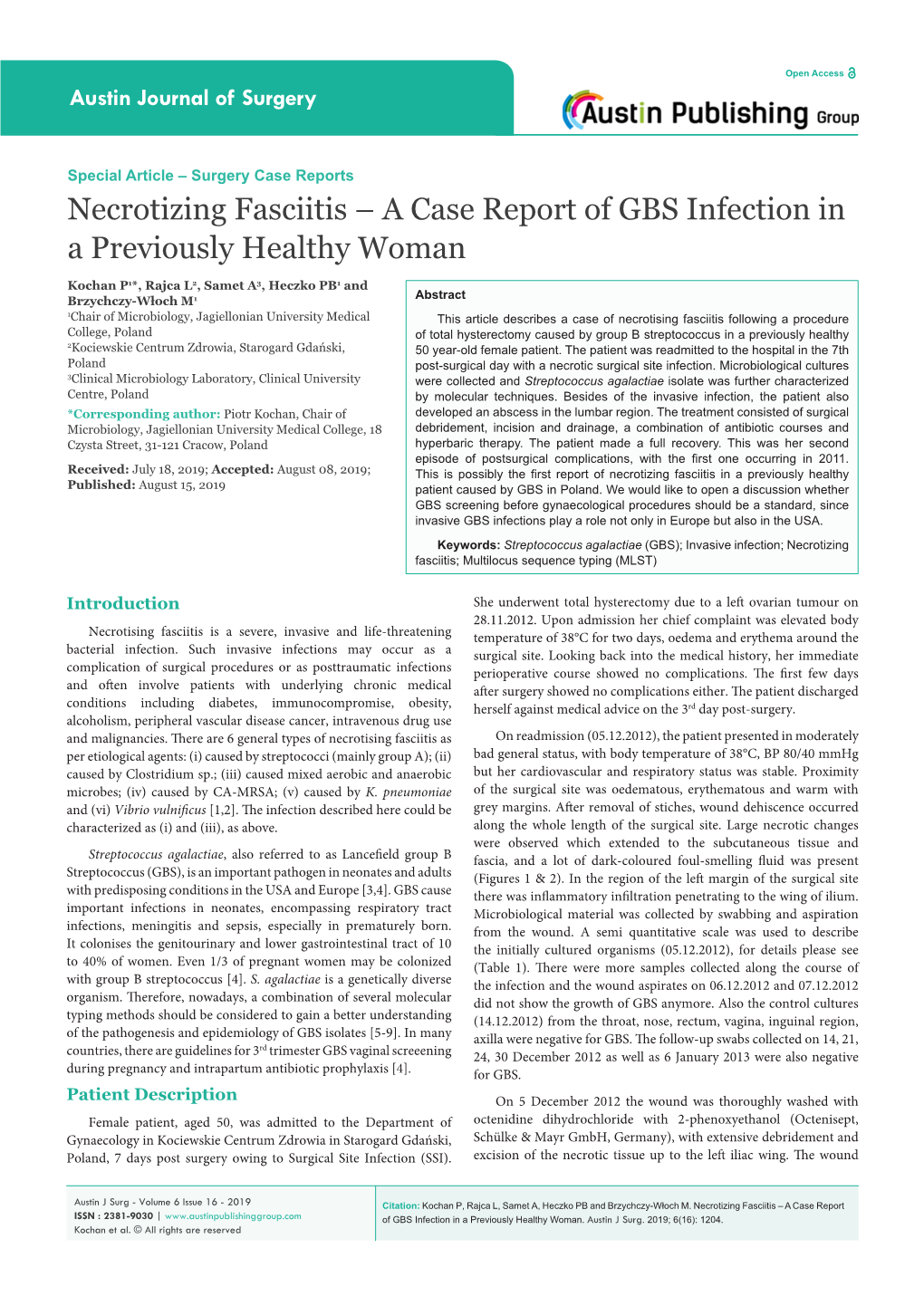 Necrotizing Fasciitis – a Case Report of GBS Infection in a Previously Healthy Woman