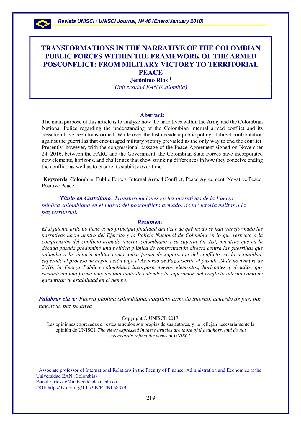FROM MILITARY VICTORY to TERRITORIAL PEACE Jerónimo Ríos 1 Universidad EAN (Colombia)