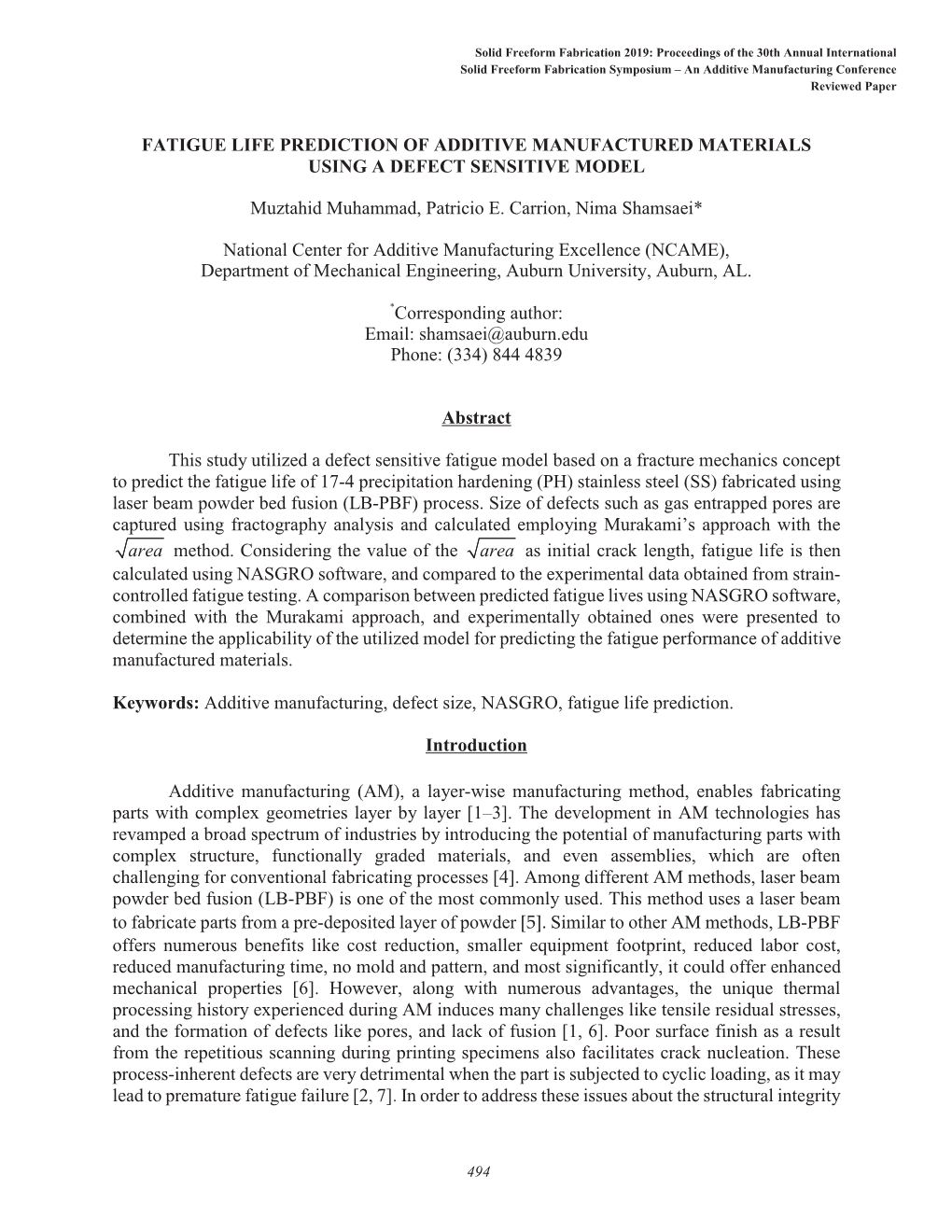 Fatigue Life Prediction of Additive Manufactured Materials Using a Defect Sensitive Model