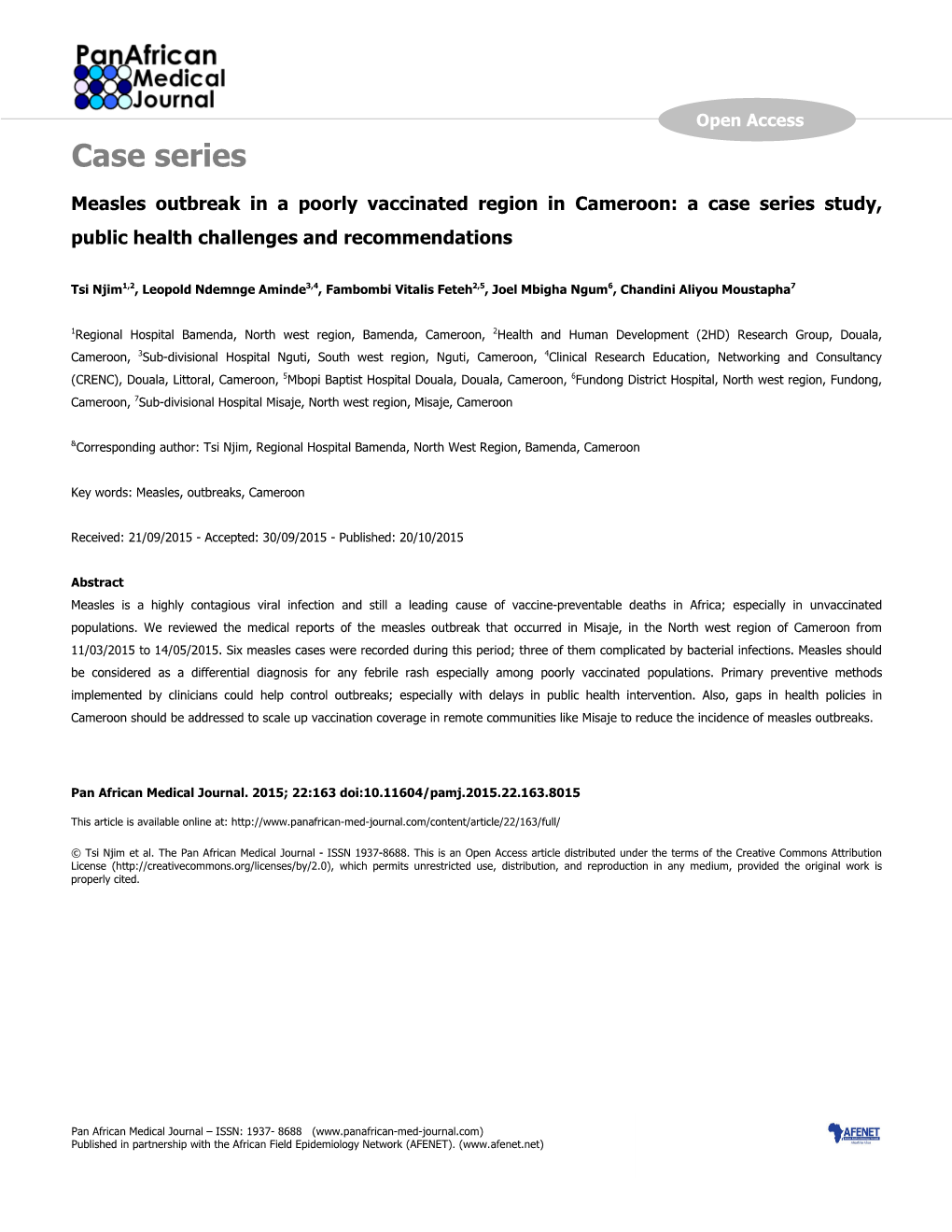 Case Series Measles Outbreak in a Poorly Vaccinated Region in Cameroon: a Case Series Study, Public Health Challenges and Recommendations