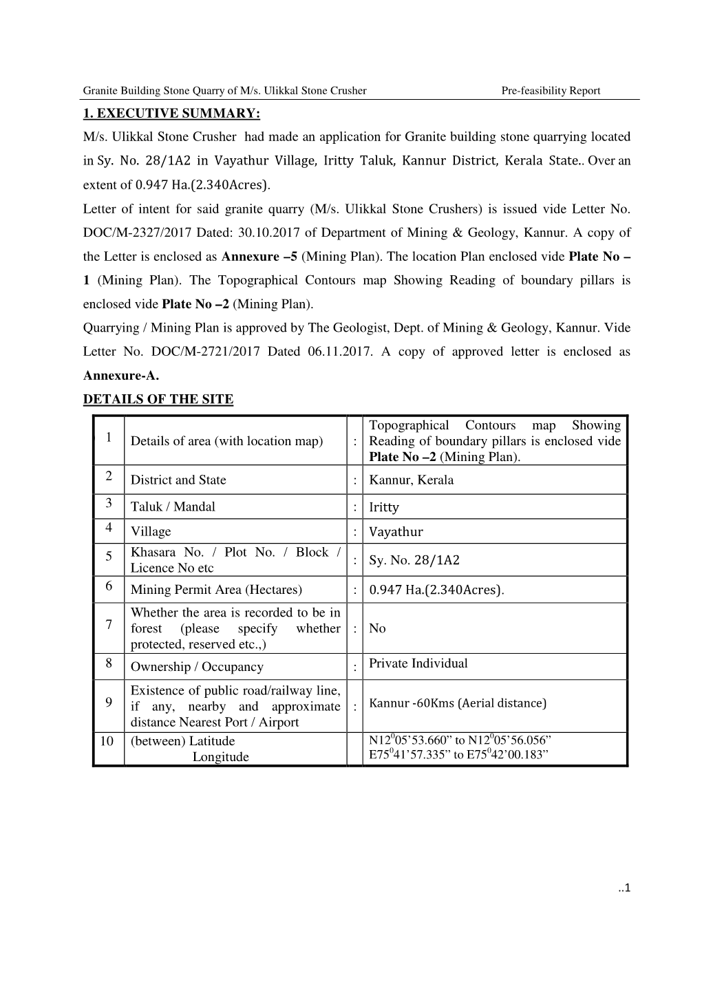 M/S. Ulikkal Stone Crusher Had Made an Application for Granite Building Stone Quarrying Located in Sy