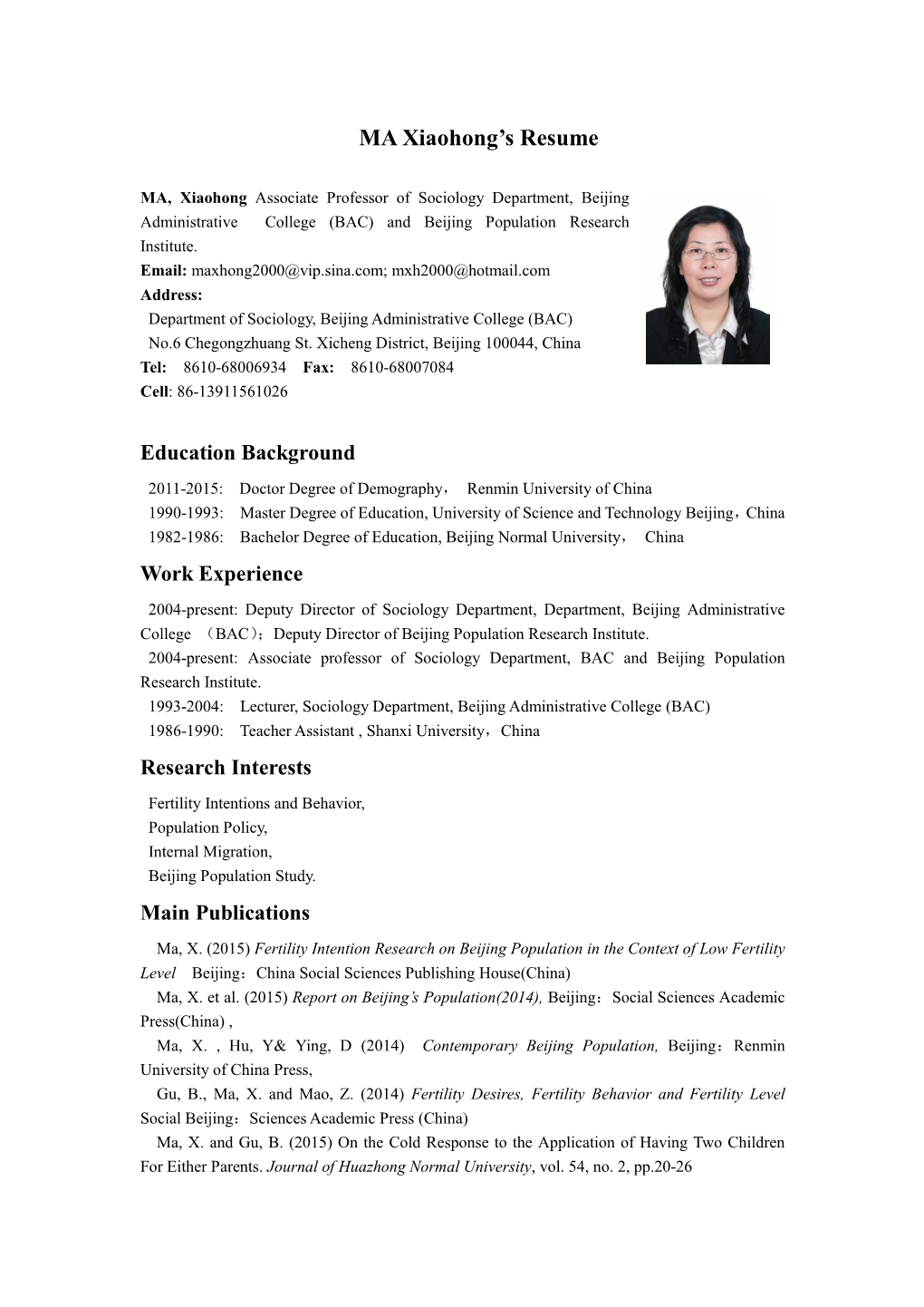 MA Xiaohong's Resume