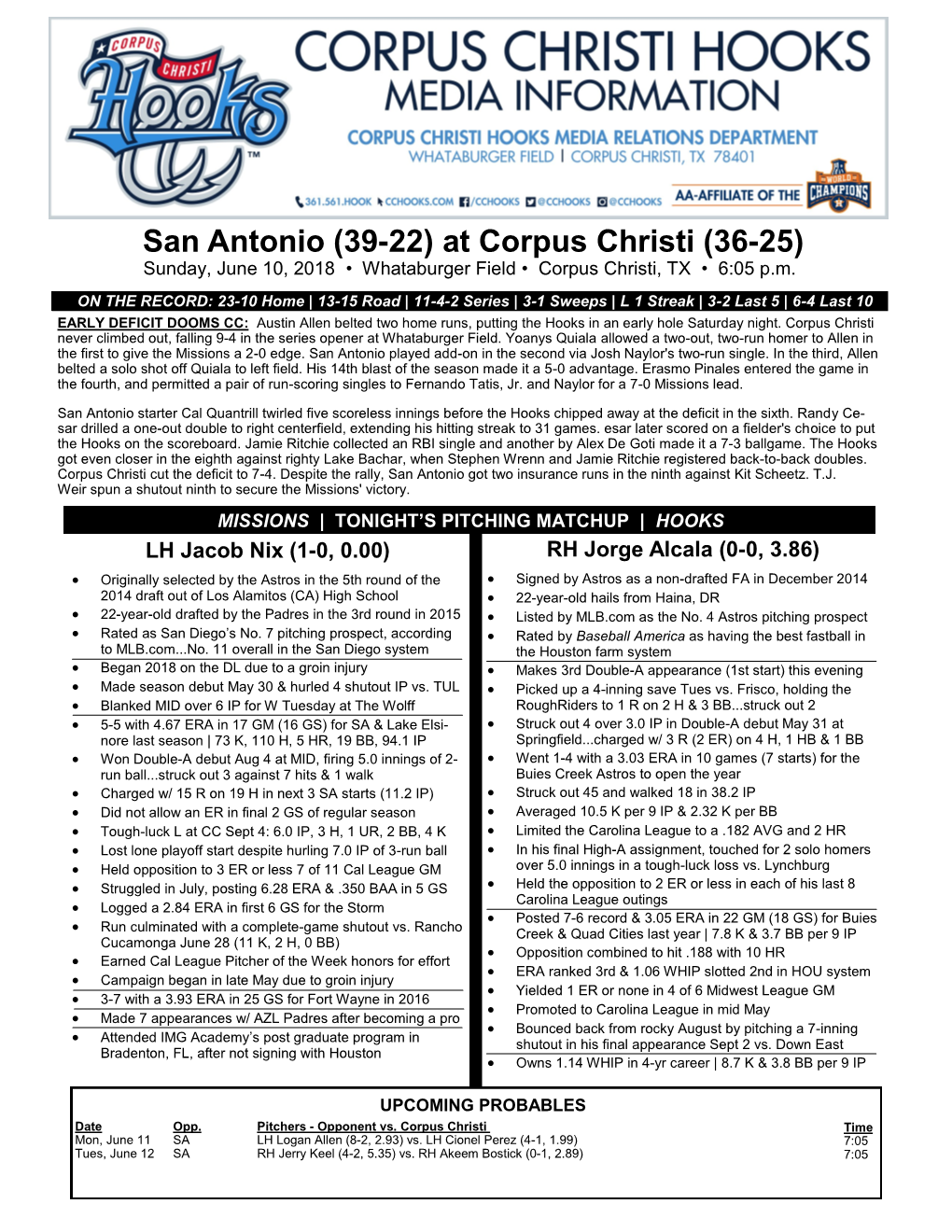 San Antonio (39-22) at Corpus Christi (36-25) Sunday, June 10, 2018 • Whataburger Field • Corpus Christi, TX • 6:05 P.M