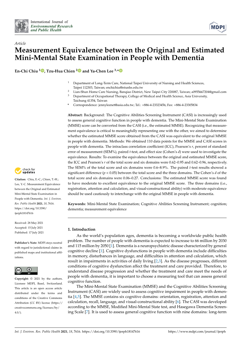 Measurement Equivalence Between the Original and Estimated Mini-Mental State Examination in People with Dementia