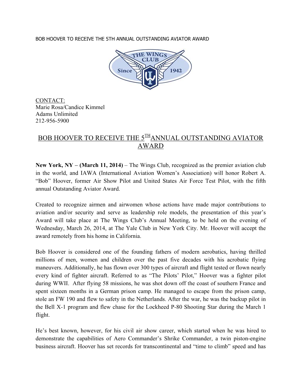 Bob Hoover to Receive the 5 Annual Outstanding Aviator