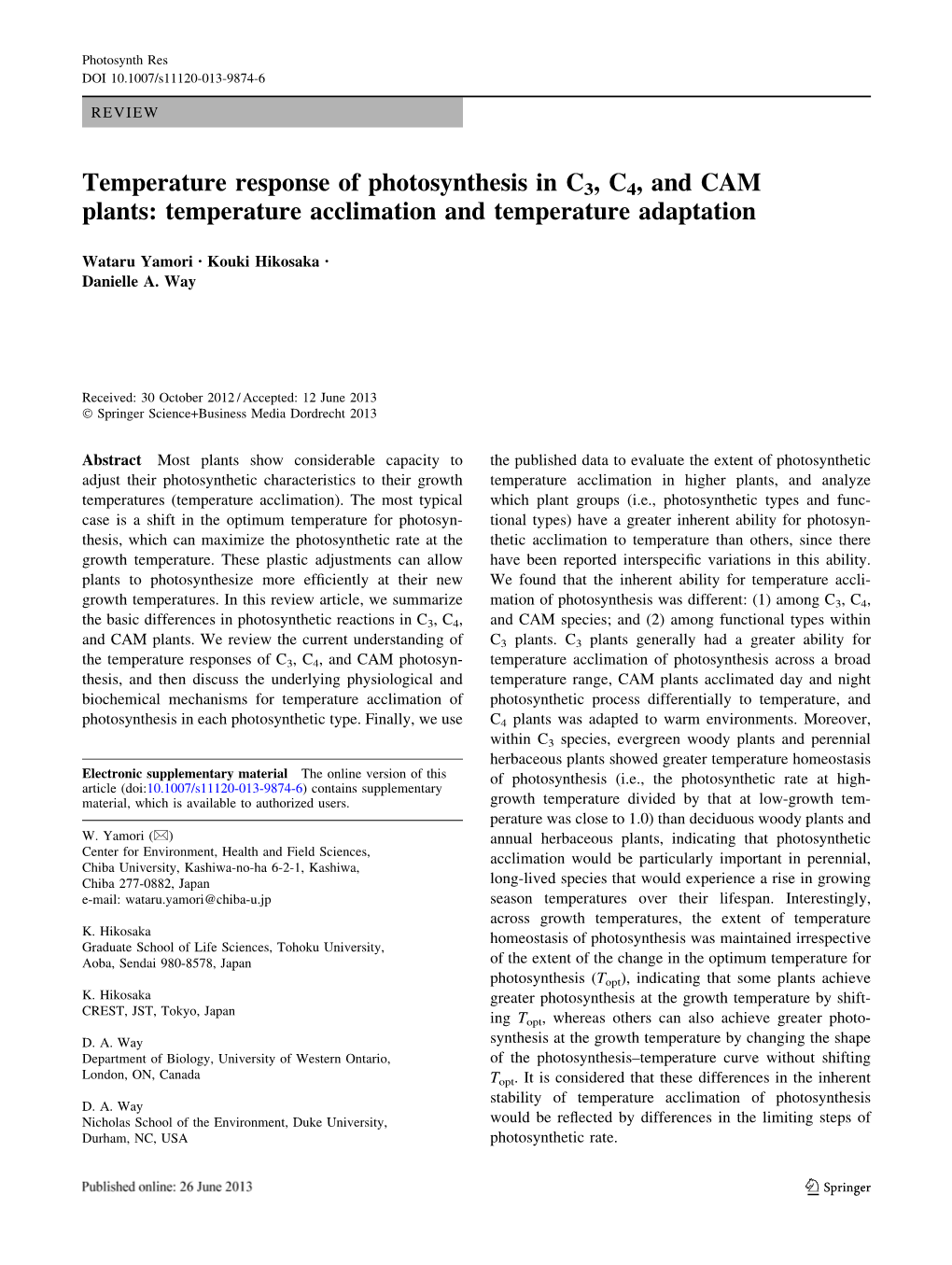 Temperature Response of Photosynthesis in C3, C4, and CAM