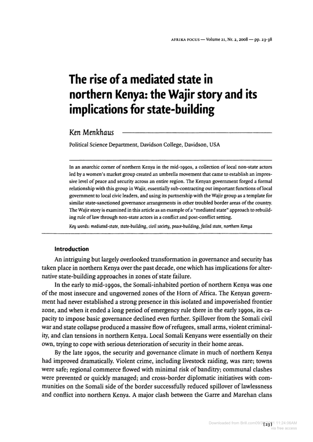 The Rise of a Mediated State in Northern Kenya: the Wajir Story and Its Implications for State-Building