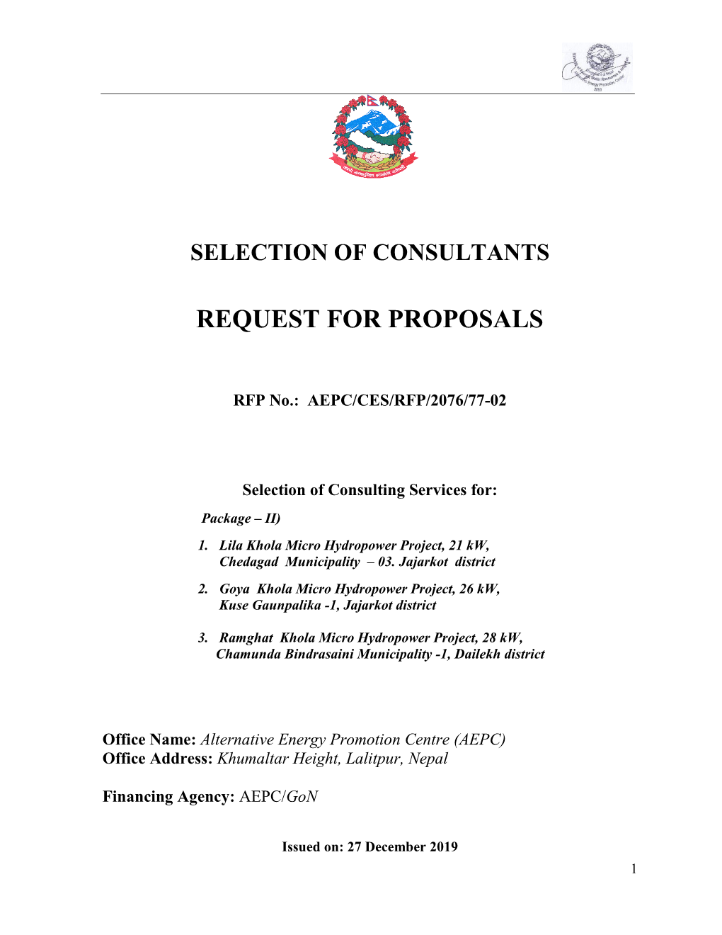 Standard Request for Proposals: Selection of Consultants