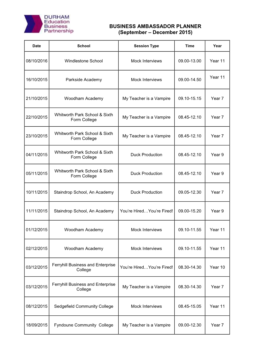 Durham Community Business 22/09/2015 My Teacher Is a Vampire 09.00-12.30 Year 7 College