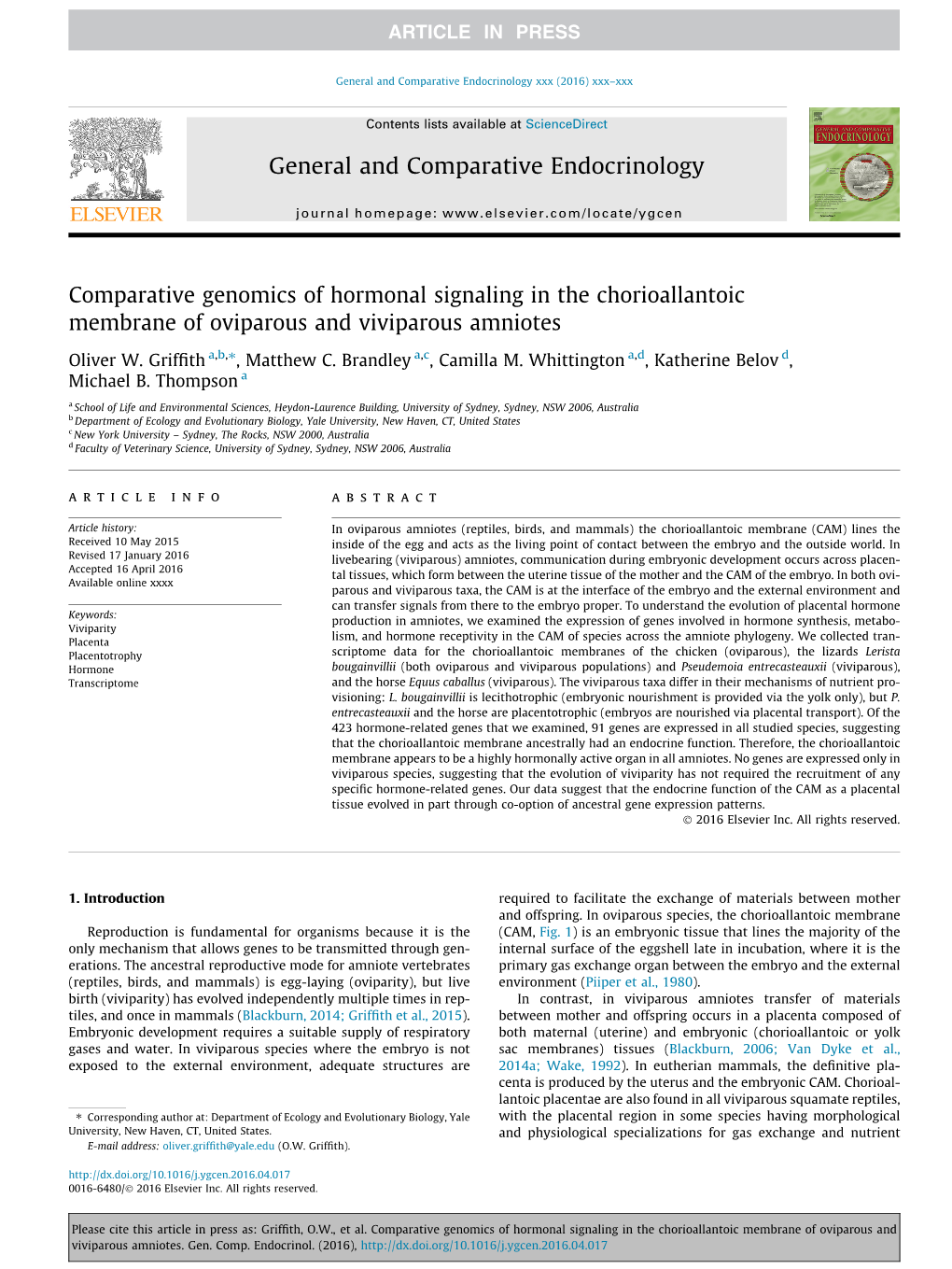 General and Comparative Endocrinology Xxx (2016) Xxx–Xxx