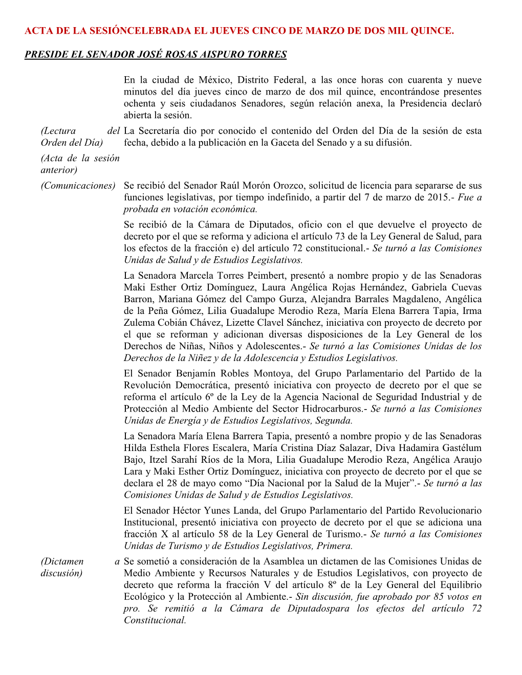 Acta De La Sesióncelebrada El Jueves Cinco De Marzo De Dos Mil Quince