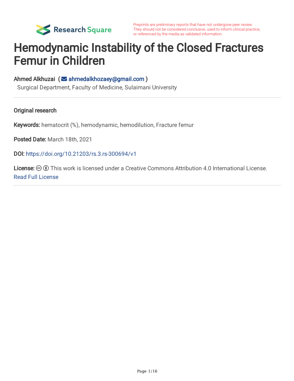 Hemodynamic Instability of the Closed Fractures Femur in Children