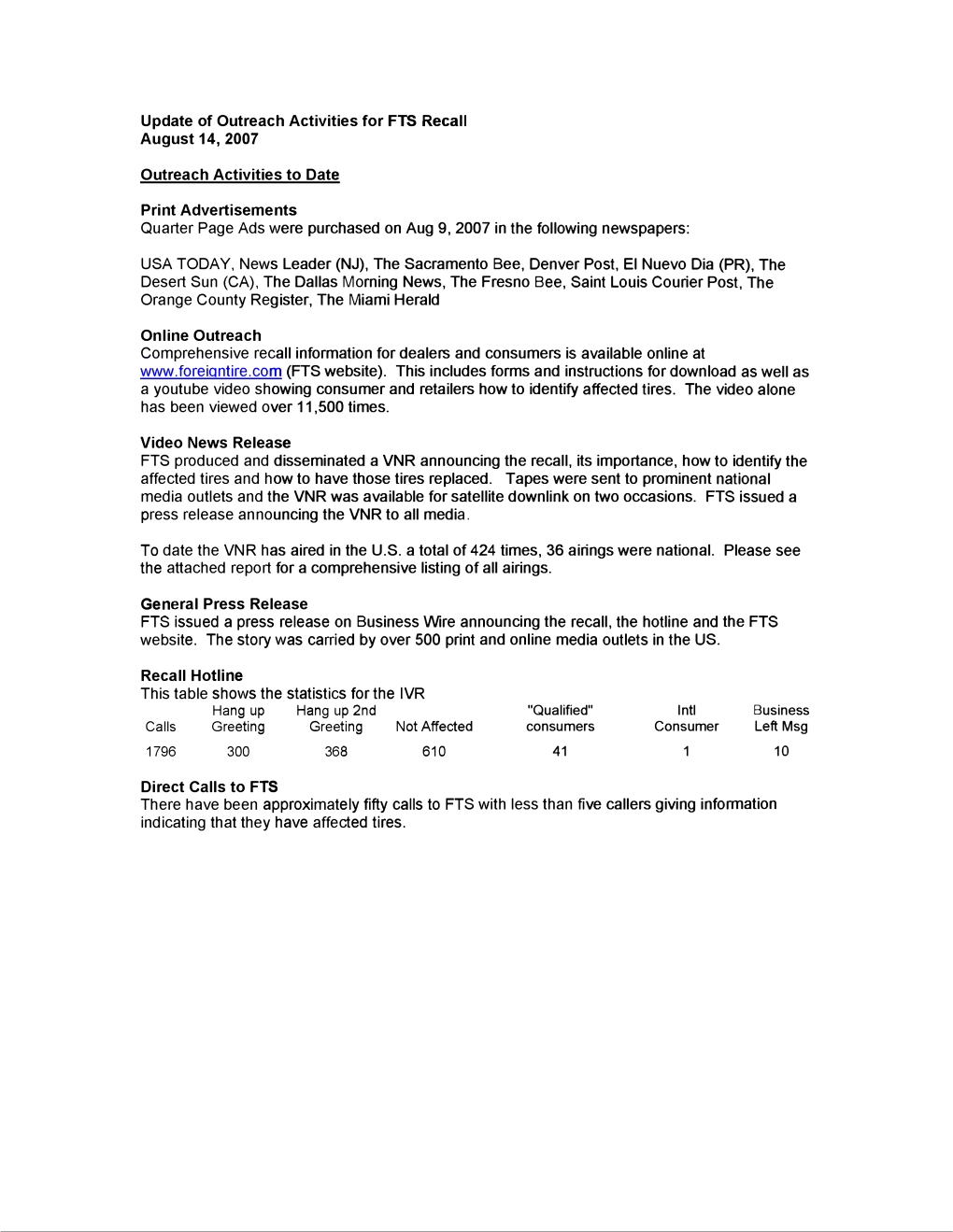 Update of Outreach Activities for FTS Recall August 14, 2007 Outreach