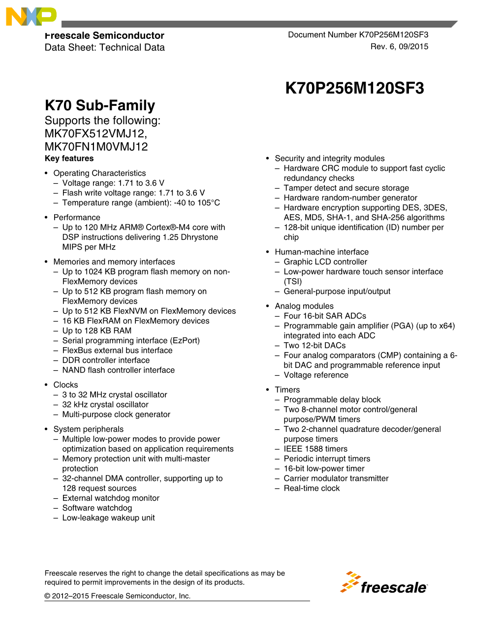 Kinetis K70: 120Mhz Cortex-M4F up to 1MB Flash (256Pin)