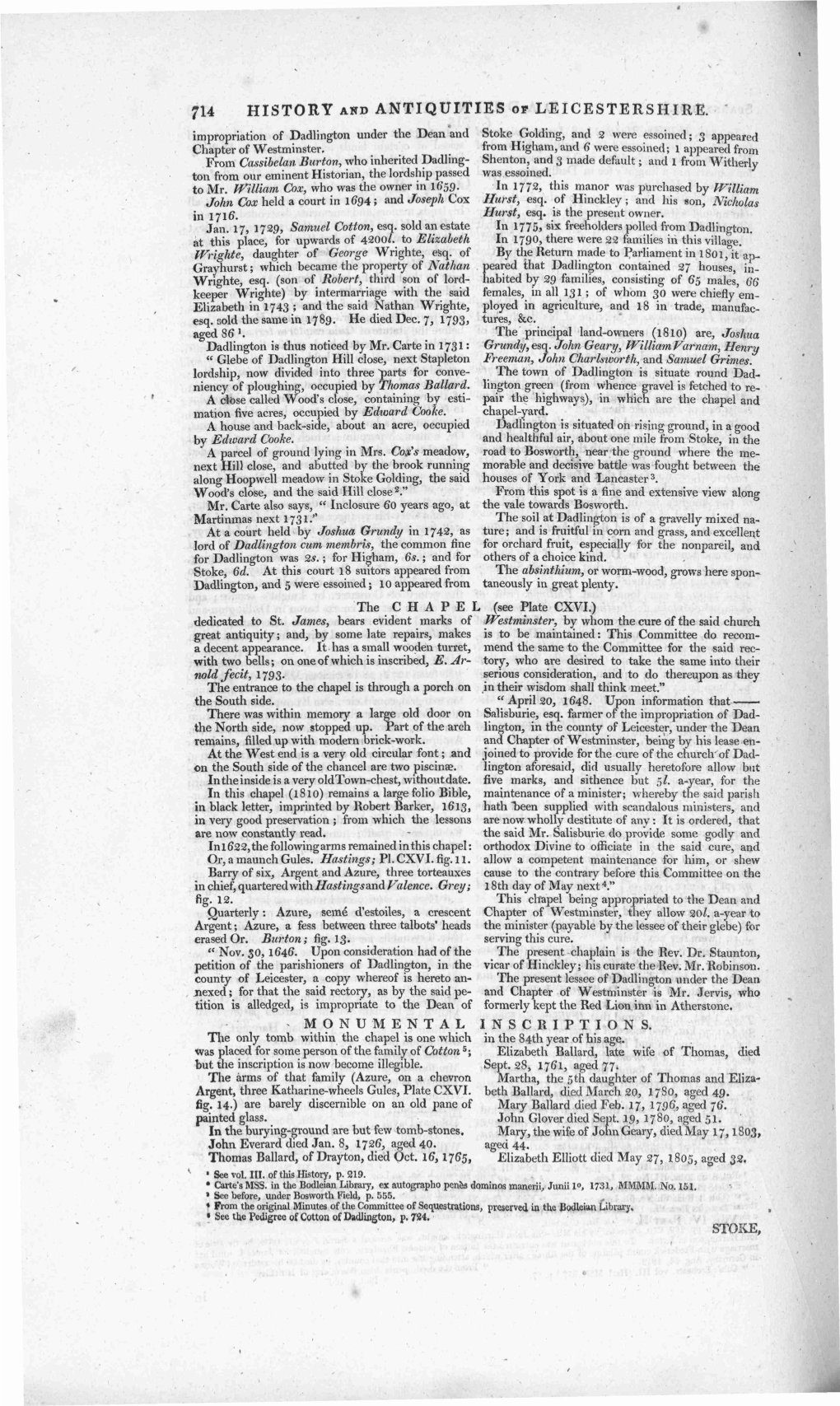 714 HISTORY and ANTIQUITIES of LEICESTERSHIRE. Impropriation of Dadlington Under the Dean and Stoke Golding, and 2 Were Essoined; 3 Appeared Chapter of Westminster