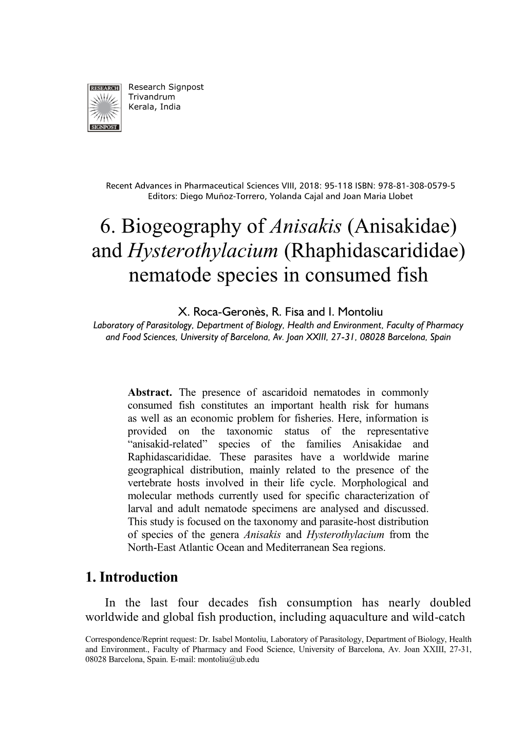 6. Biogeography of Anisakis (Anisakidae) and Hysterothylacium (Rhaphidascarididae) Nematode Species in Consumed Fish