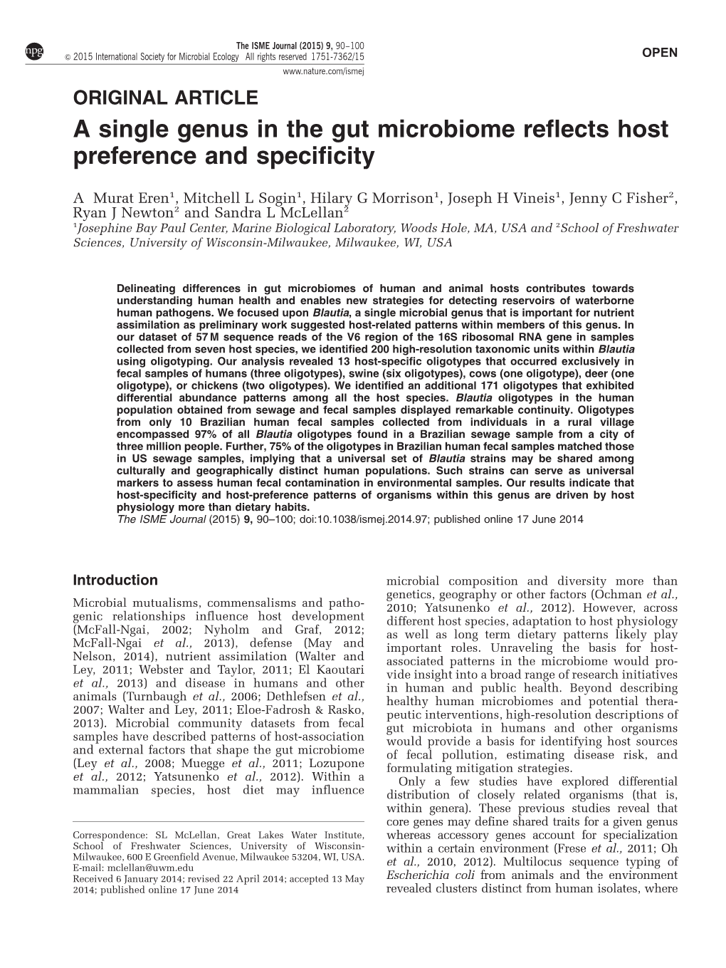 A Single Genus in the Gut Microbiome Reflects Host Preference and Specificity