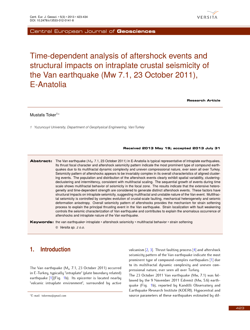 Time-Dependent Analysis of Aftershock Events and Structural Impacts on Intraplate Crustal Seismicity of the Van Earthquake (Mw 7.1, 23 October 2011), E-Anatolia