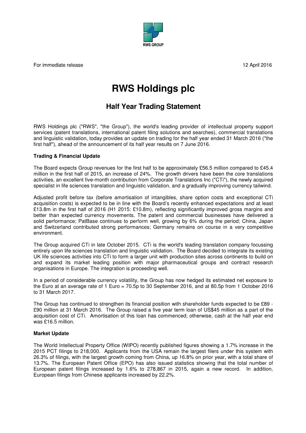RWS Holdings Plc