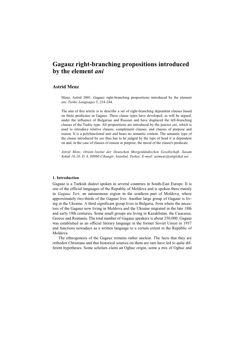 Gagauz Right-Branching Propositions Introduced by the Element Ani