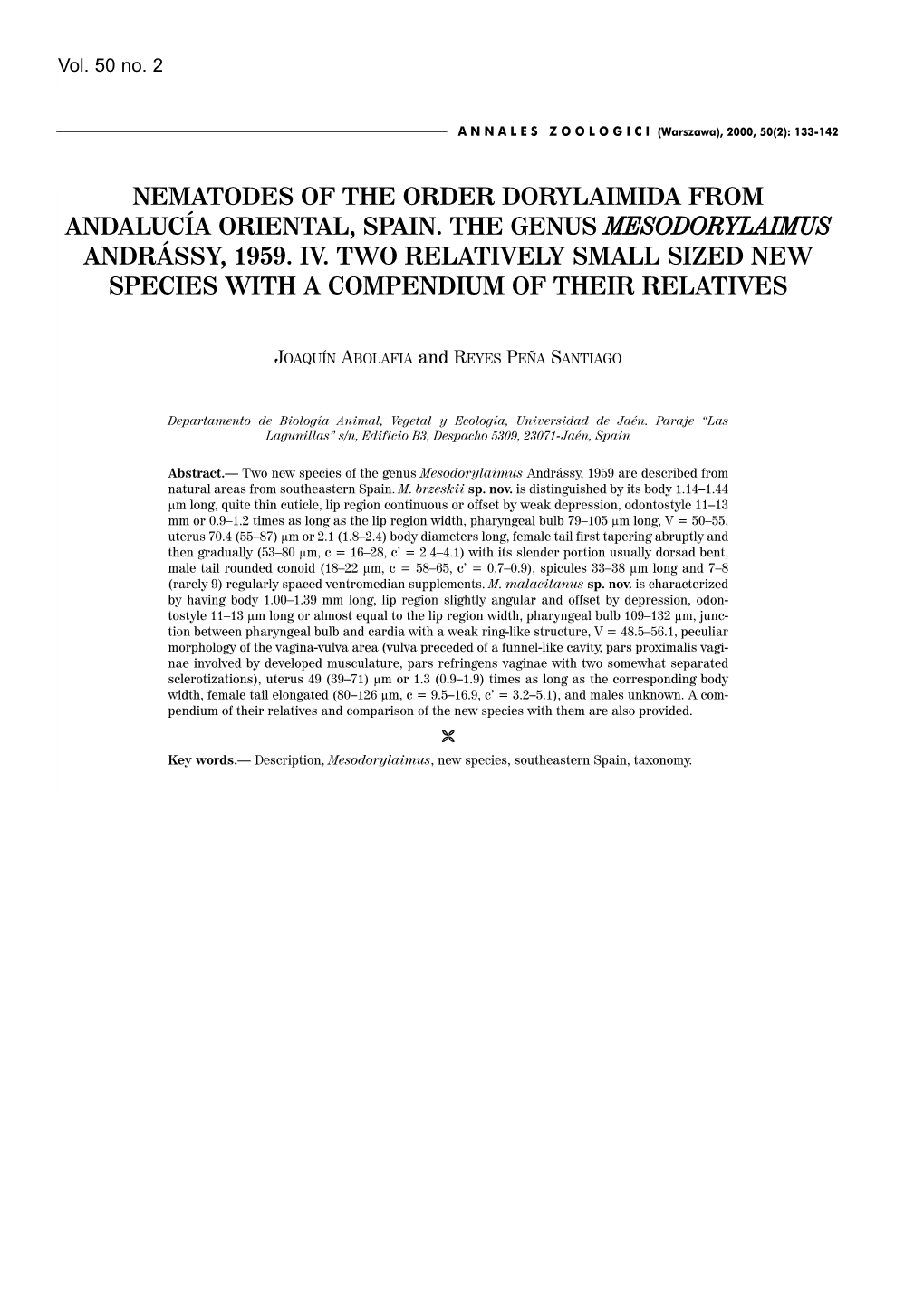 Nematodes of the Order Dorylaimida from Andalucía Oriental, Spain