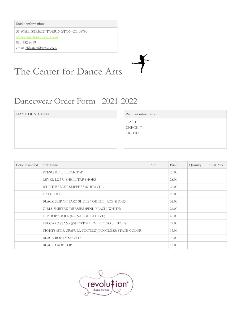 Dancewear Order Sheet 2020-2021