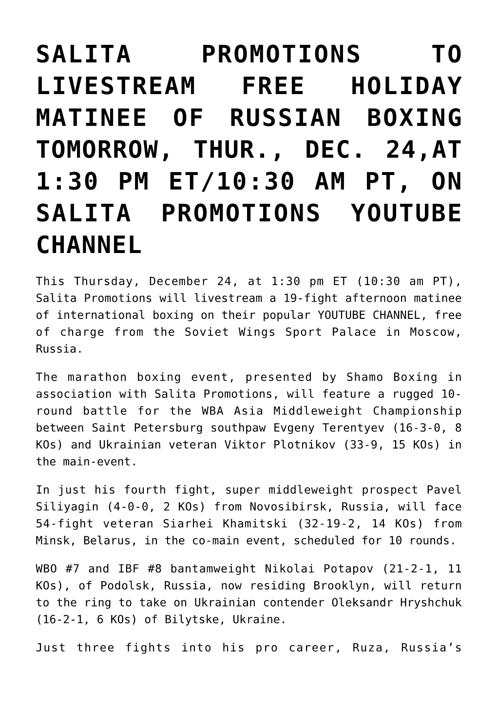 Salita Promotions to Livestream Free Holiday Matinee of Russian Boxing Tomorrow, Thur., Dec
