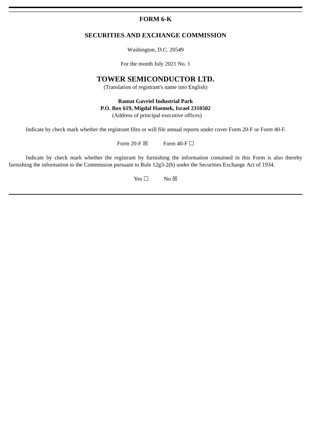 TOWER SEMICONDUCTOR LTD. (Translation of Registrant's Name Into English)