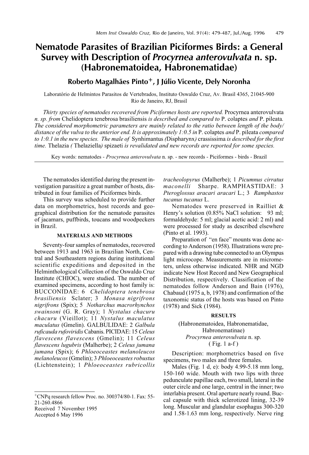 Nematode Parasites of Brazilian Piciformes Birds: a General Survey with Description of Procyrnea Anterovulvata N