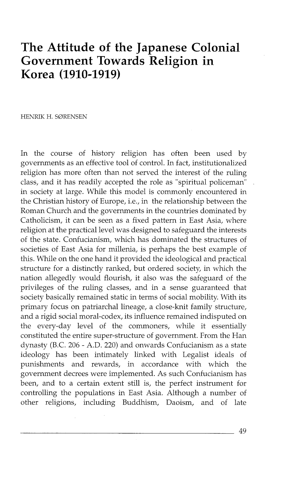 The Attitude of the Japanese Colonial Government Towards Religion in Korea (1910-1919)