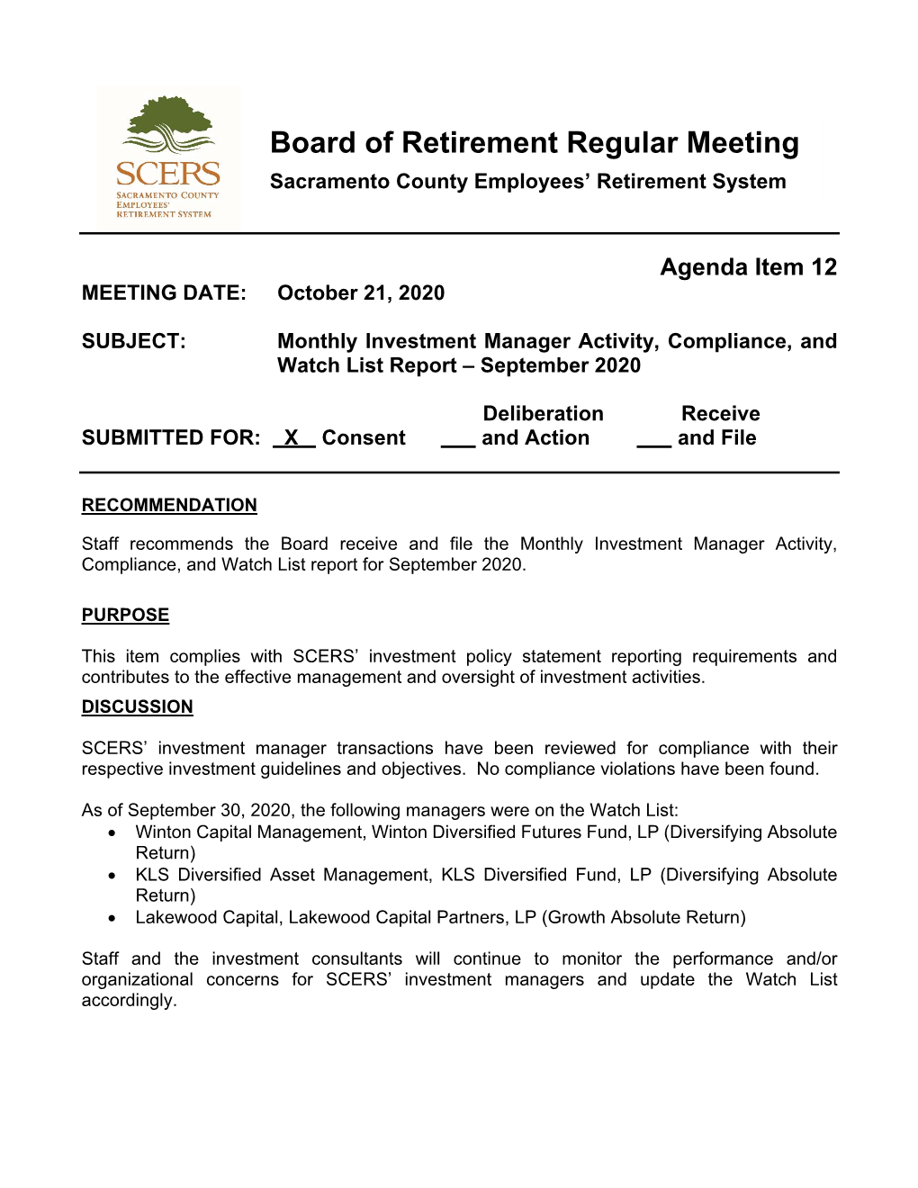 Agenda Item 12 MEETING DATE: October 21, 2020