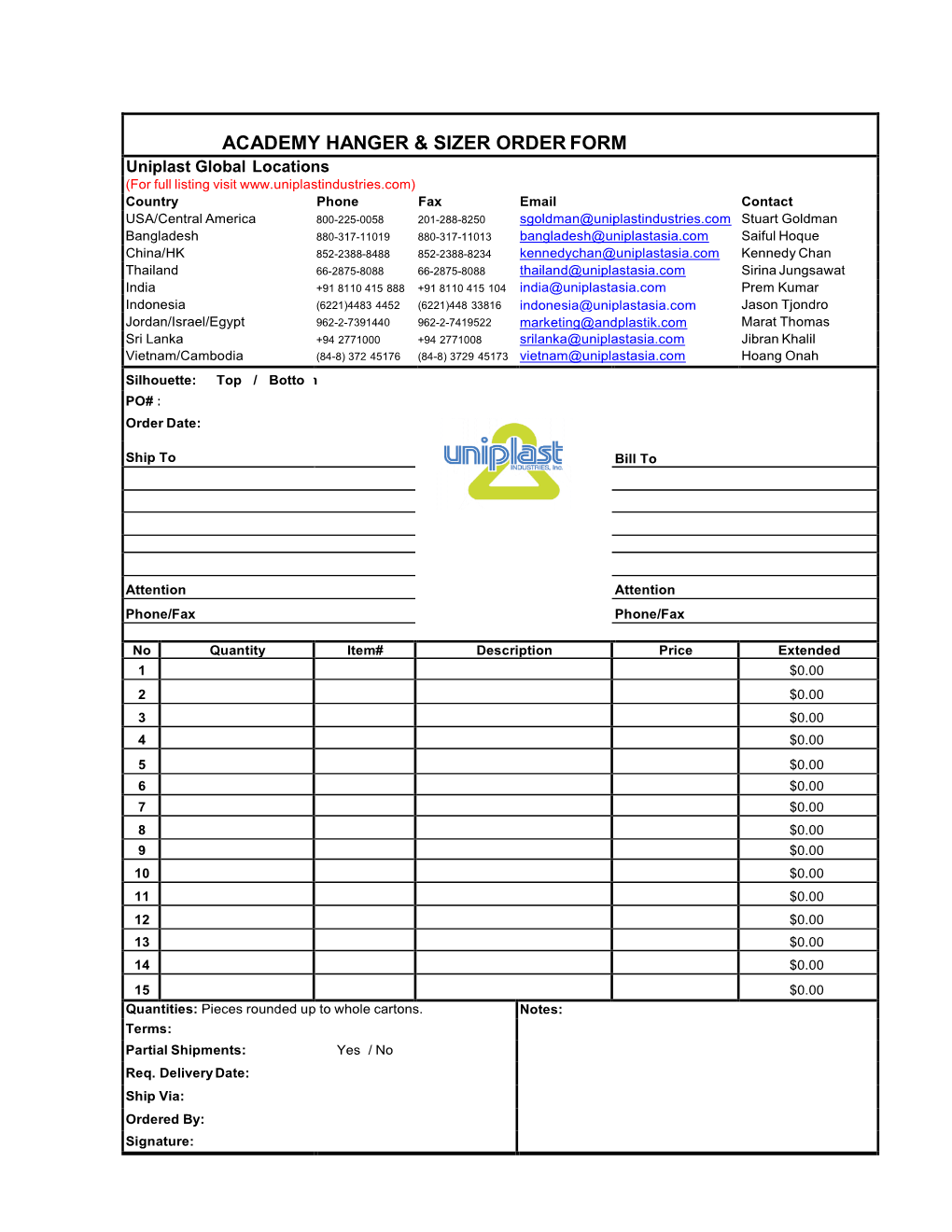 Academy Hanger & Sizer Order Form