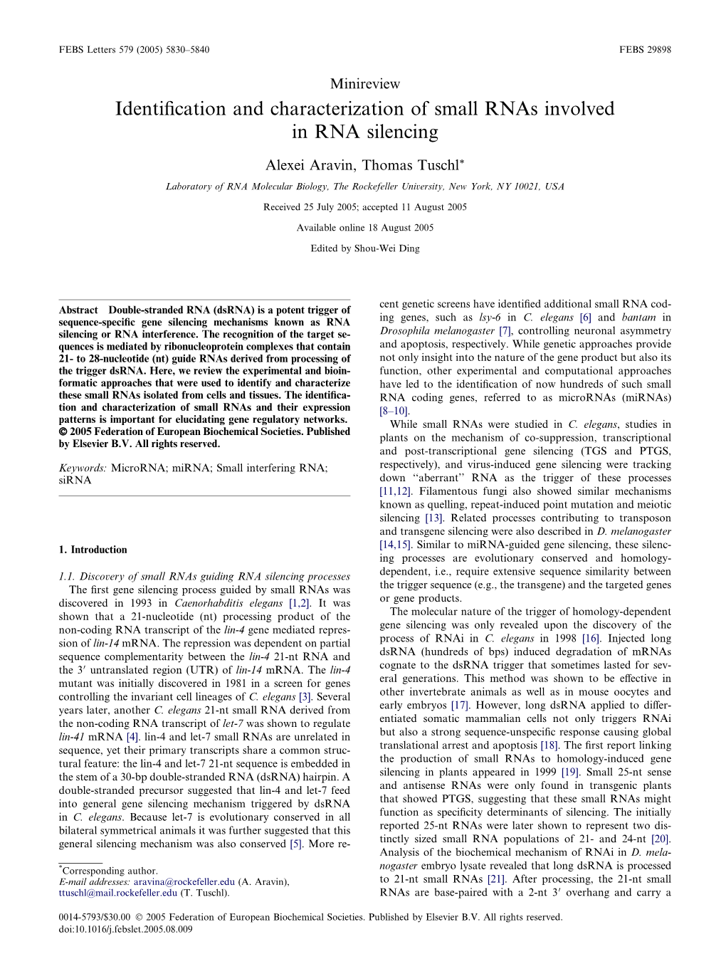 Identification and Characterization of Small Rnas Involved in RNA Silencing
