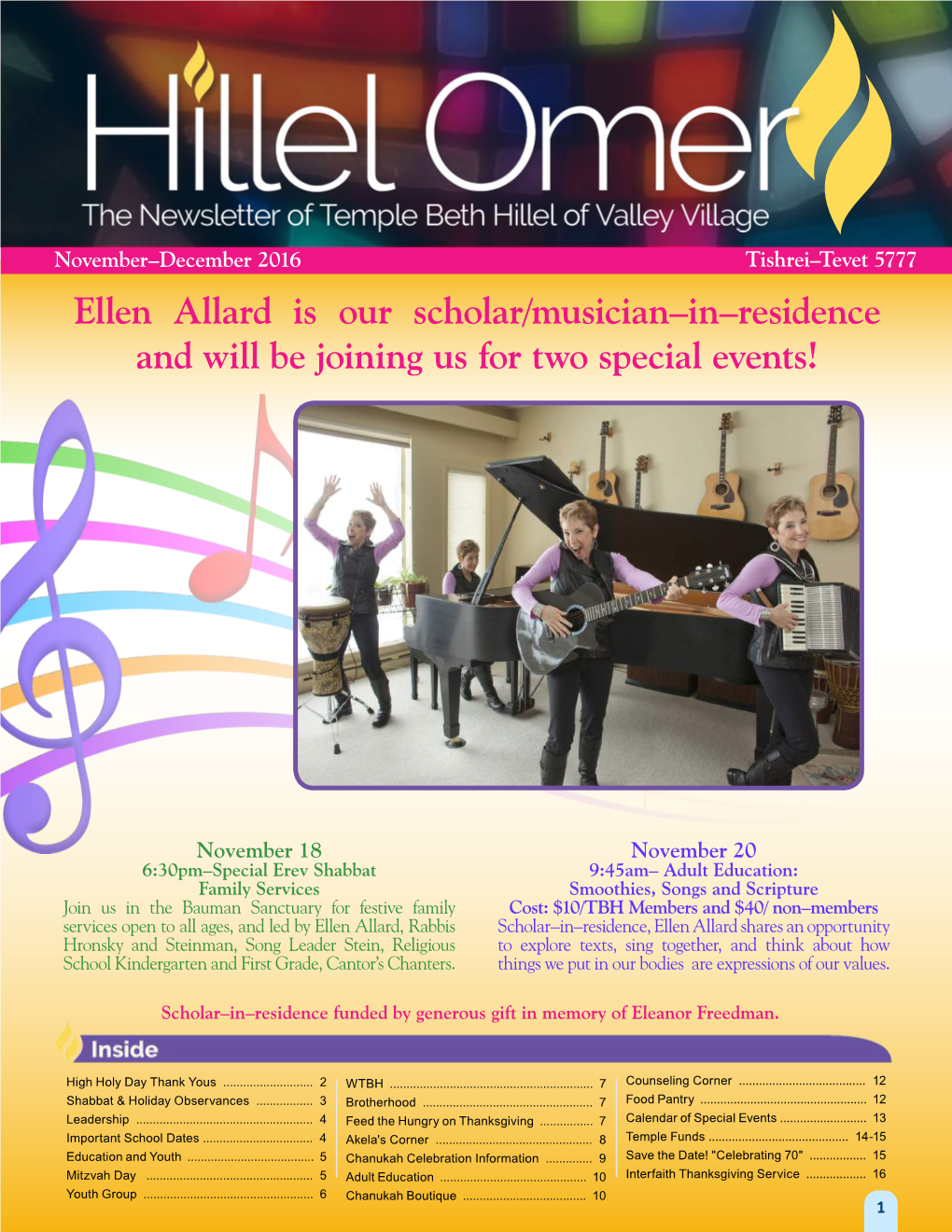 Ellen Allard Is Our Scholar/Musician–In–Residence and Will Be Joining Us for Two Special Events!