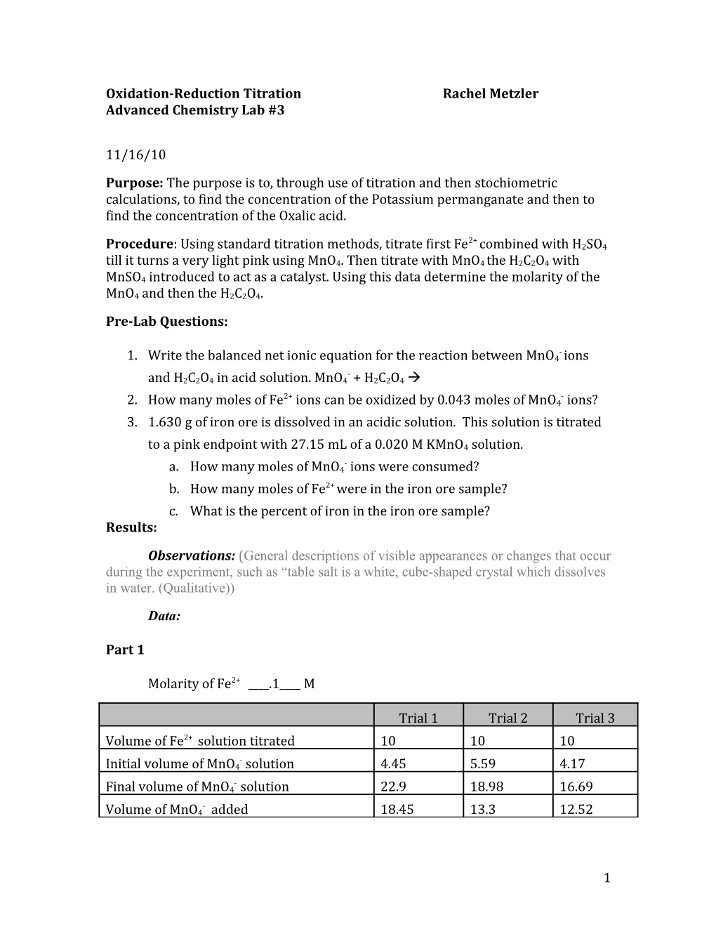 Oxidation-Reduction Titration Rachel Metzler