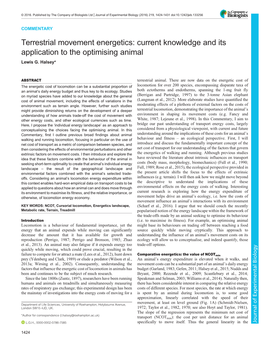 Terrestrial Movement Energetics: Current Knowledge and Its Application to the Optimising Animal Lewis G