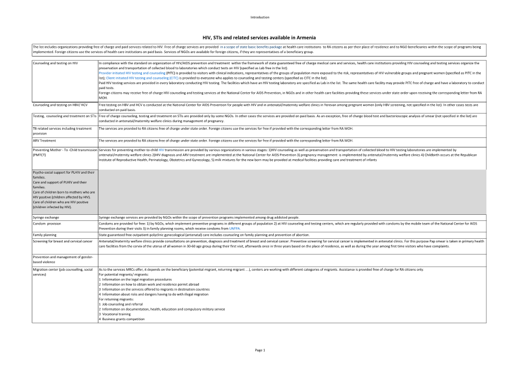 HIV, Stis and Related Services Available in Armenia